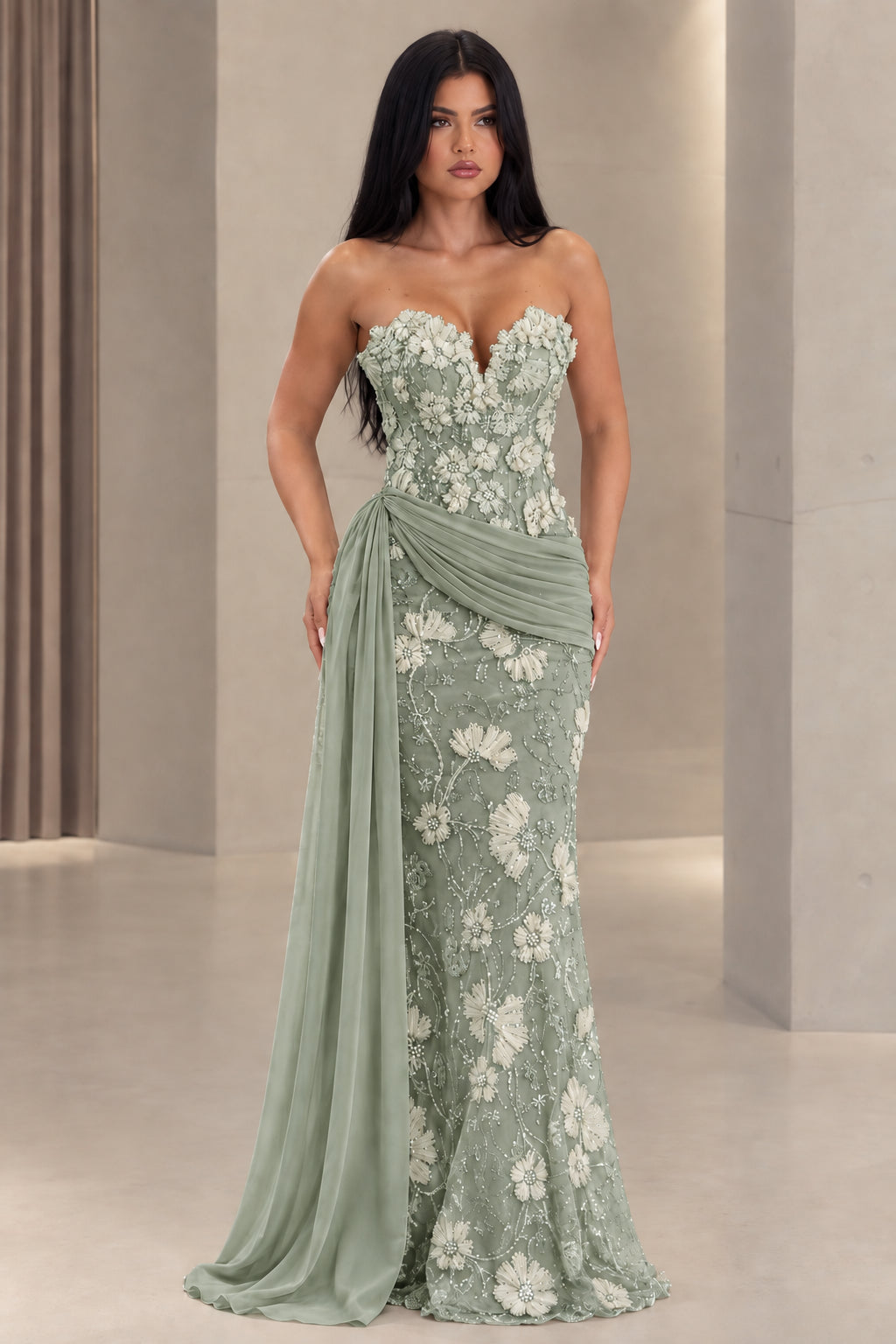 Sage green strapless 3D floral applique evening gown with cascading waist drape