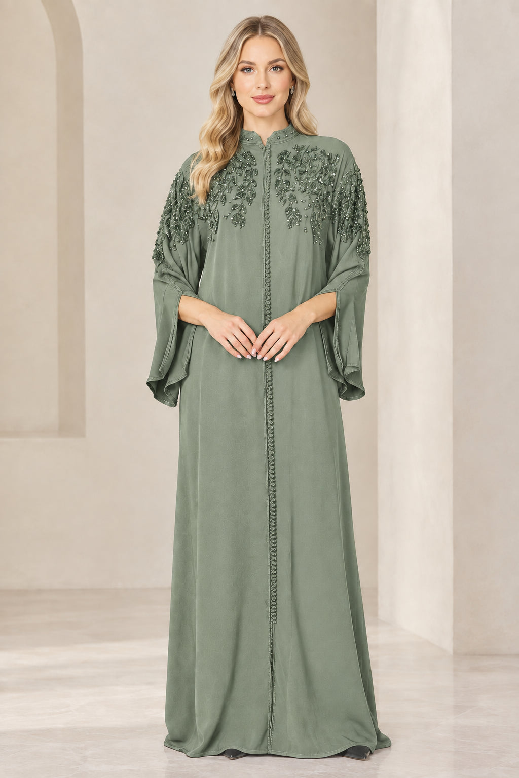Sage green long sleeve embellished shoulder abaya maxi dress