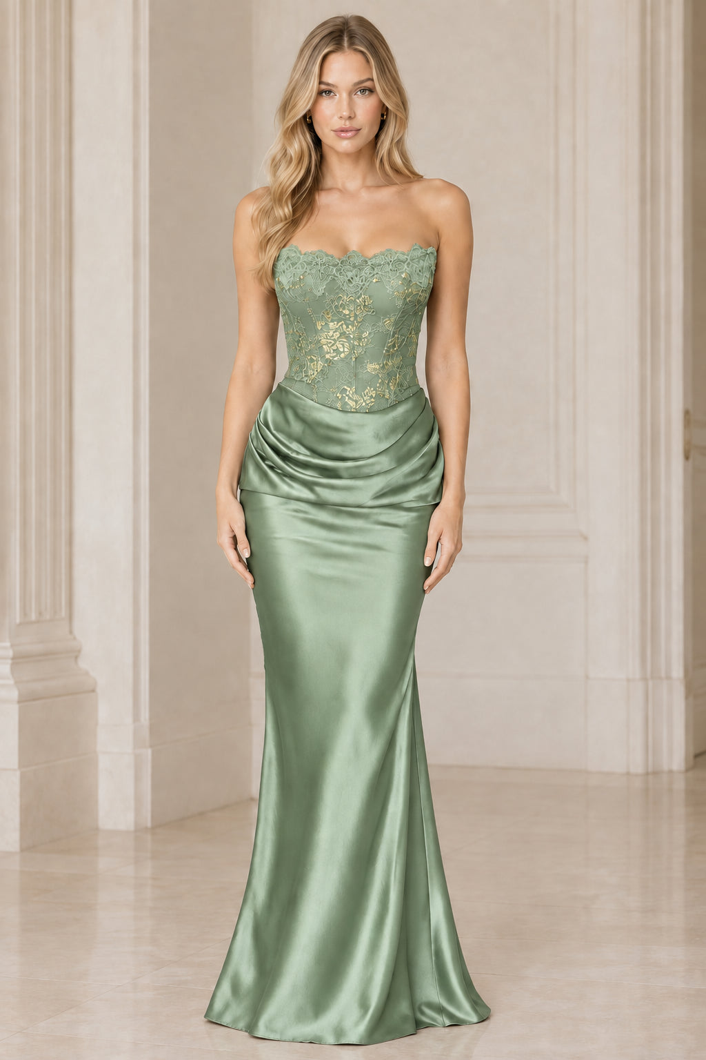 Sage Green strapless corset mermaid evening gown with draped waist