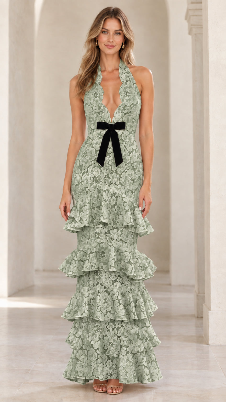 Sage green lace halter maxi dress with tiered ruffle skirt and black velvet bow