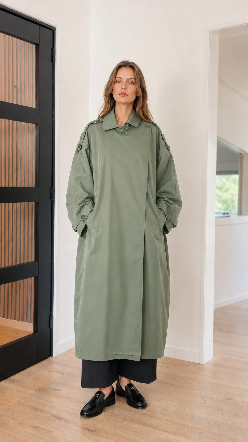 Front full view of woman wearing sage green oversized maxi trench coat