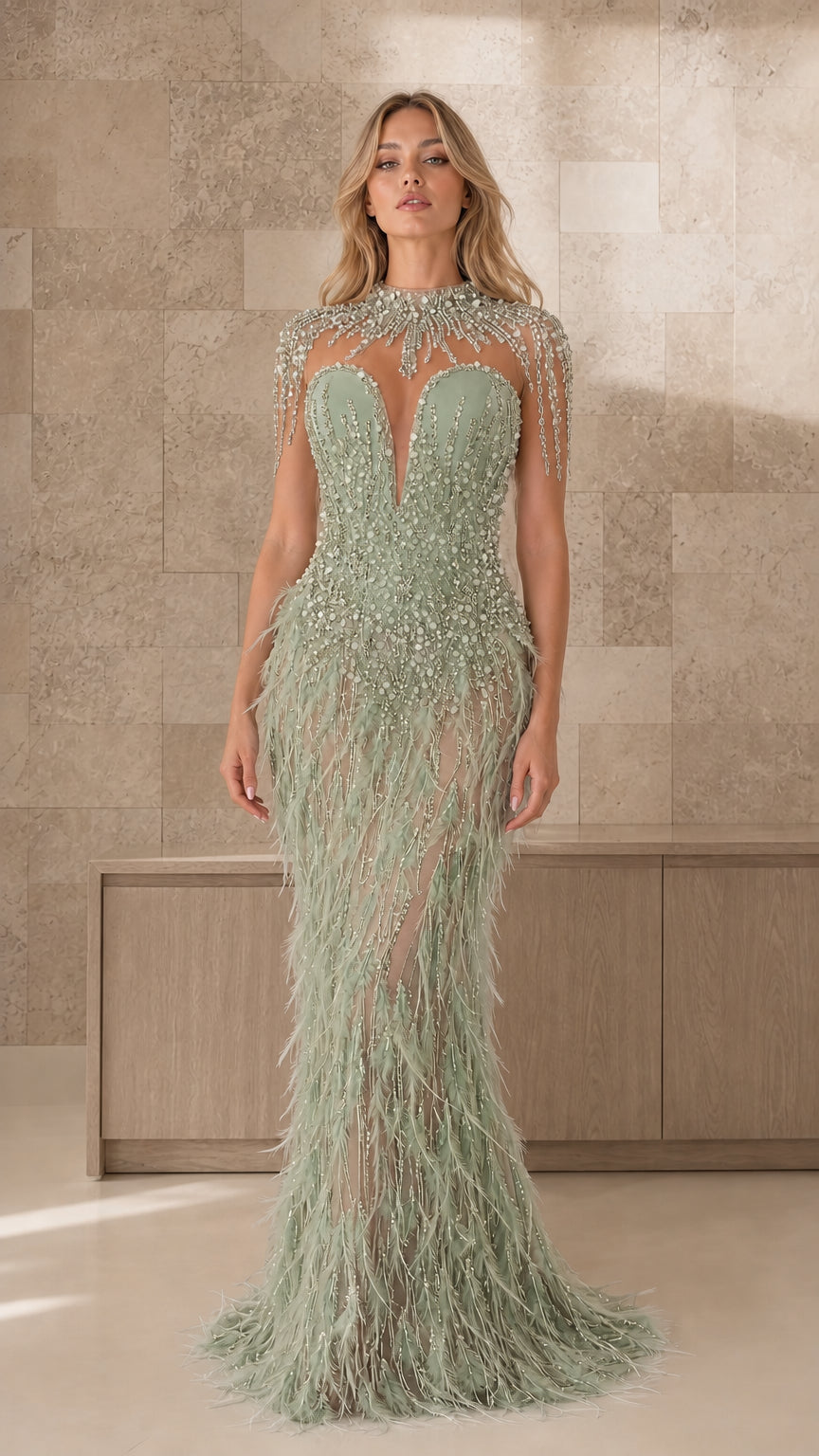 Front view of sage green beaded illusion feather evening gown