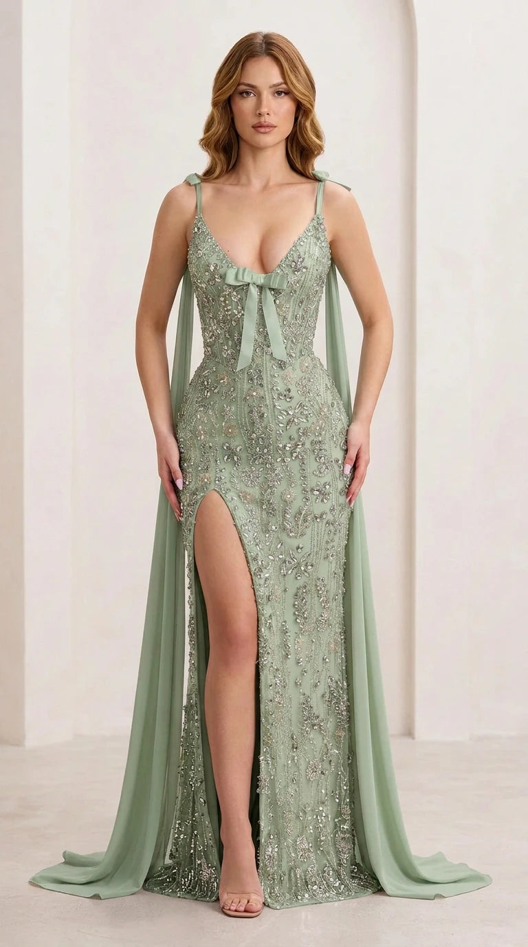Model wearing Sage Green embellished formal gown with matching shoulder streamers