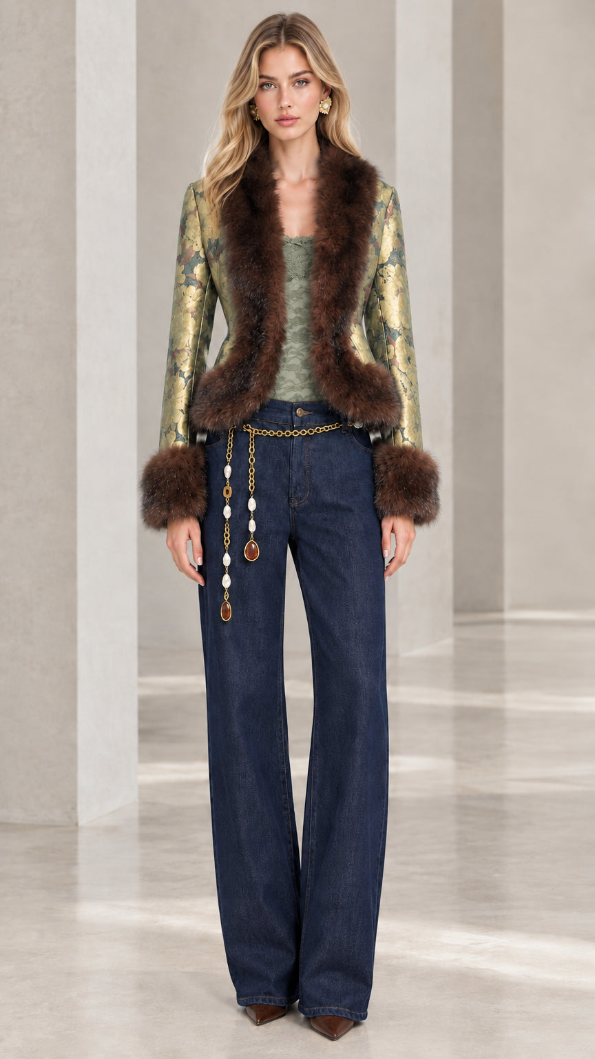 Model wearing sage green floral jacquard jacket with brown faux fur trim