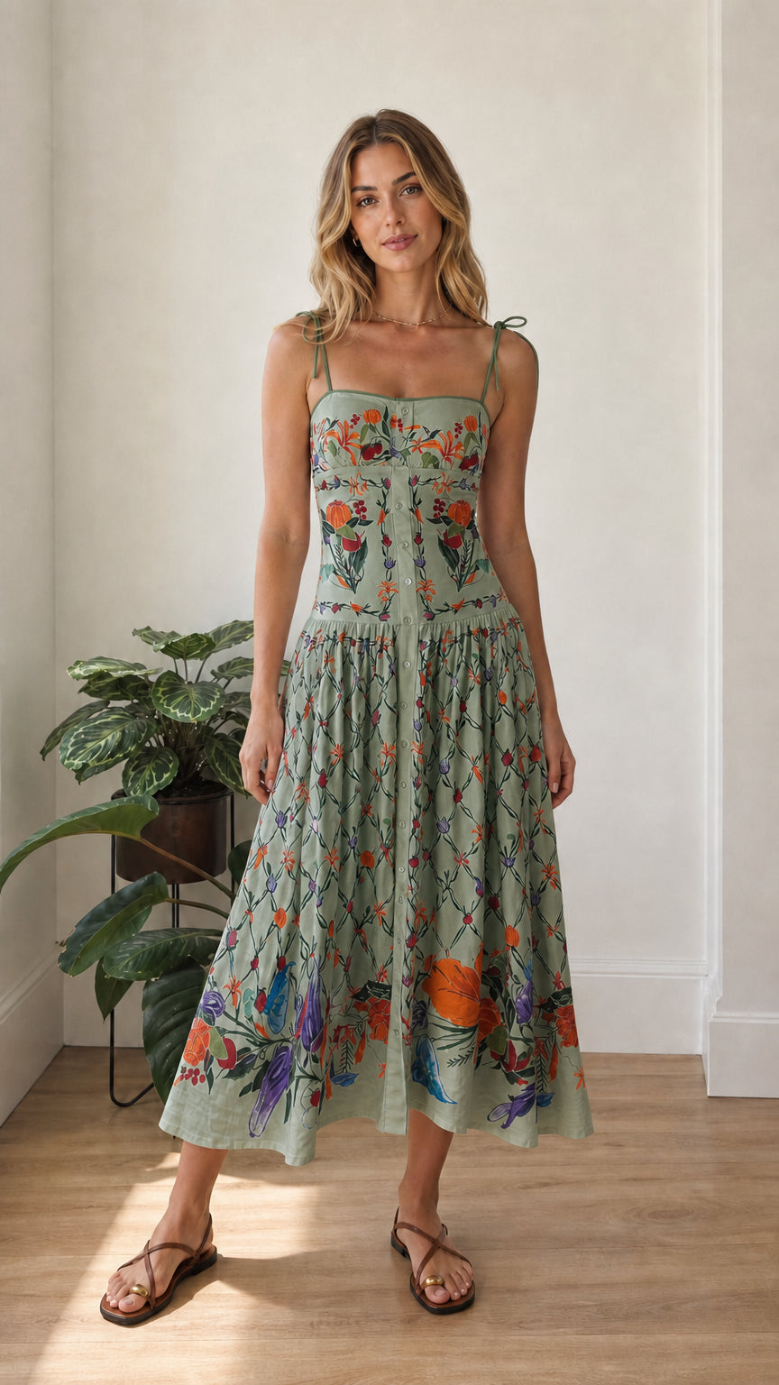 Model wearing sage green botanical print tie-shoulder midi dress