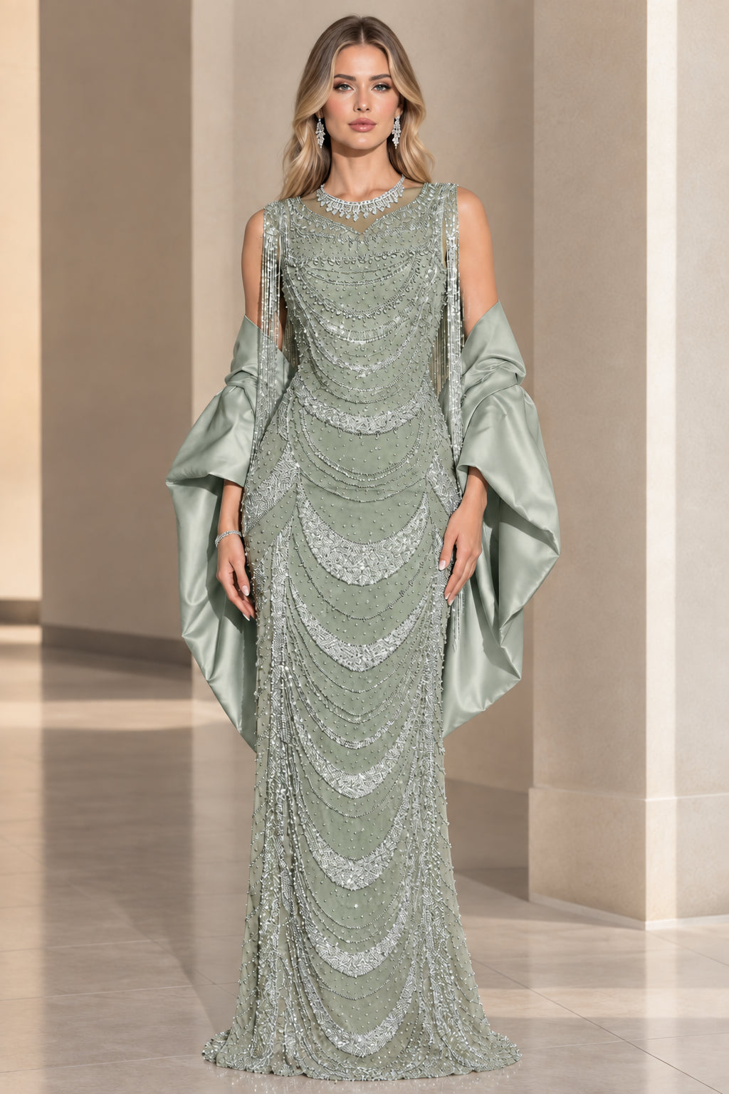 Front view of sage green beaded column gown with matching satin wrap
