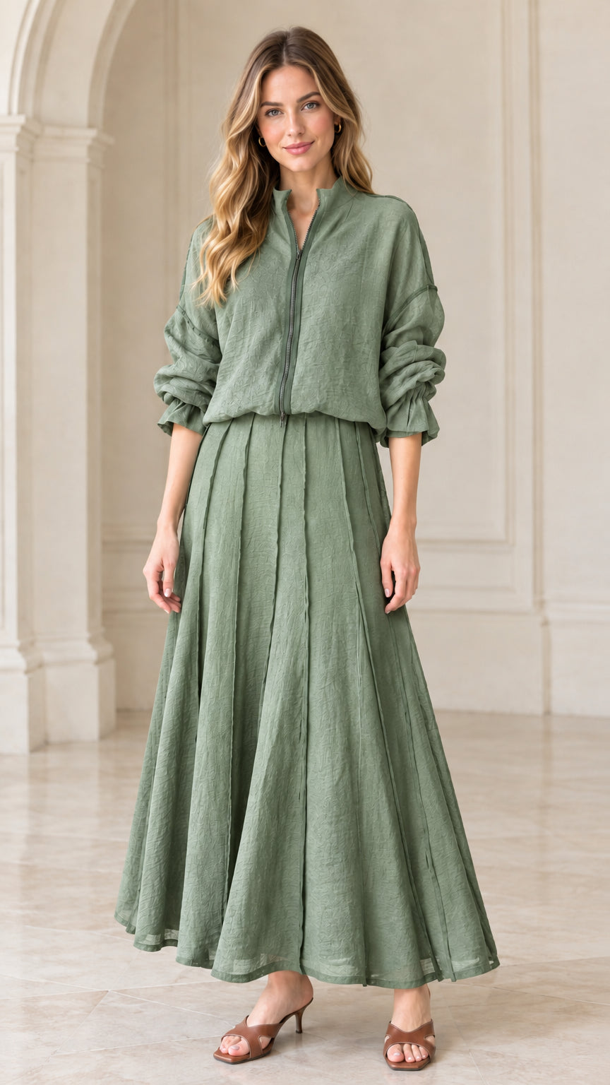 Full front view of sage green textured matching blouse and maxi skirt set