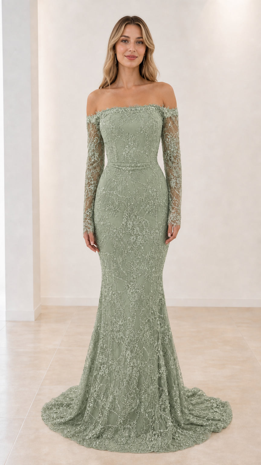 Model wearing Sage Green off-the-shoulder sequin lace formal gown with sleeves