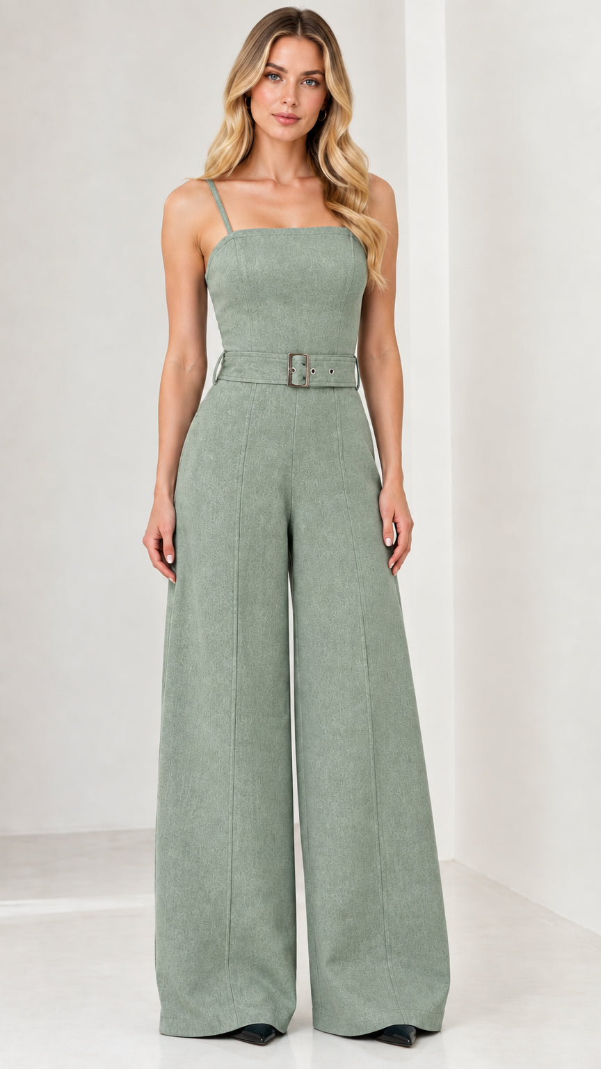 Front view of model wearing the belted wide-leg jumpsuit in sage green