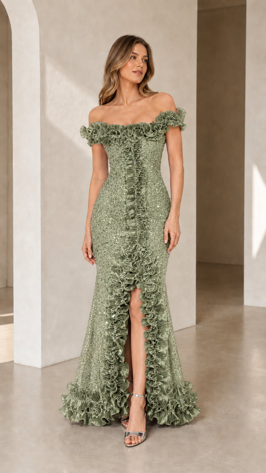 Sage green off-the-shoulder sequin mermaid evening gown with ruffle trim