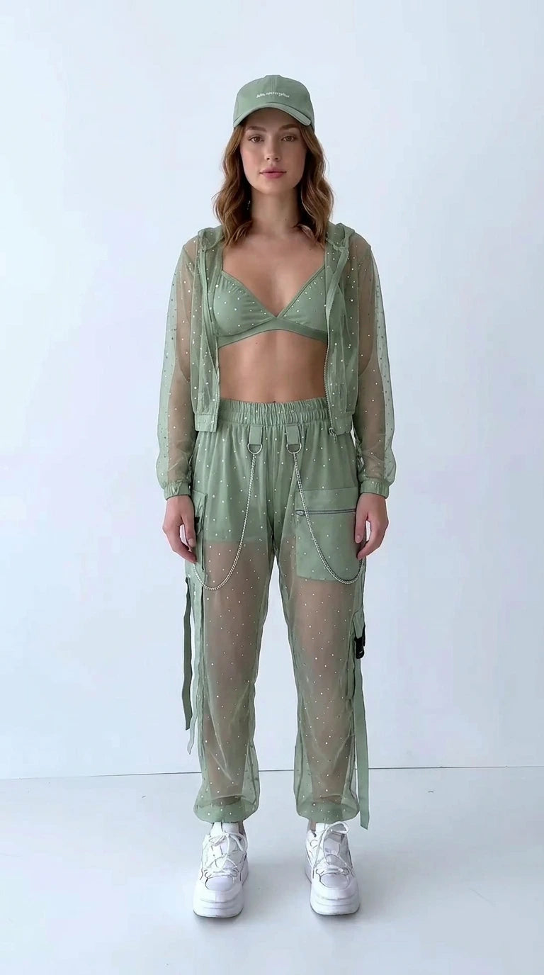 Sage green sheer mesh festival cargo tracksuit set