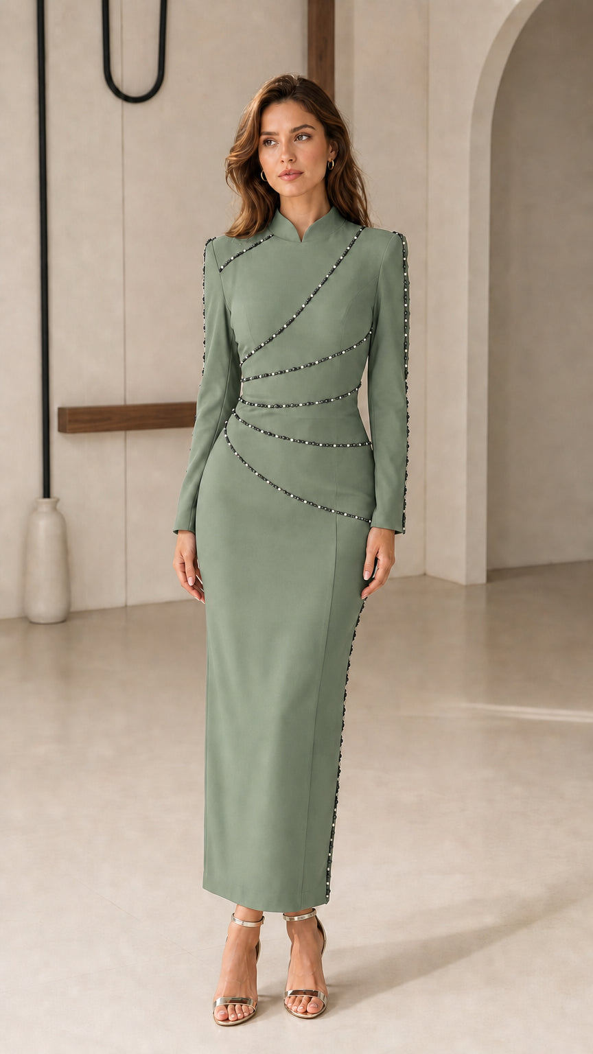 Sage green long sleeve sheath evening gown with beaded detailing