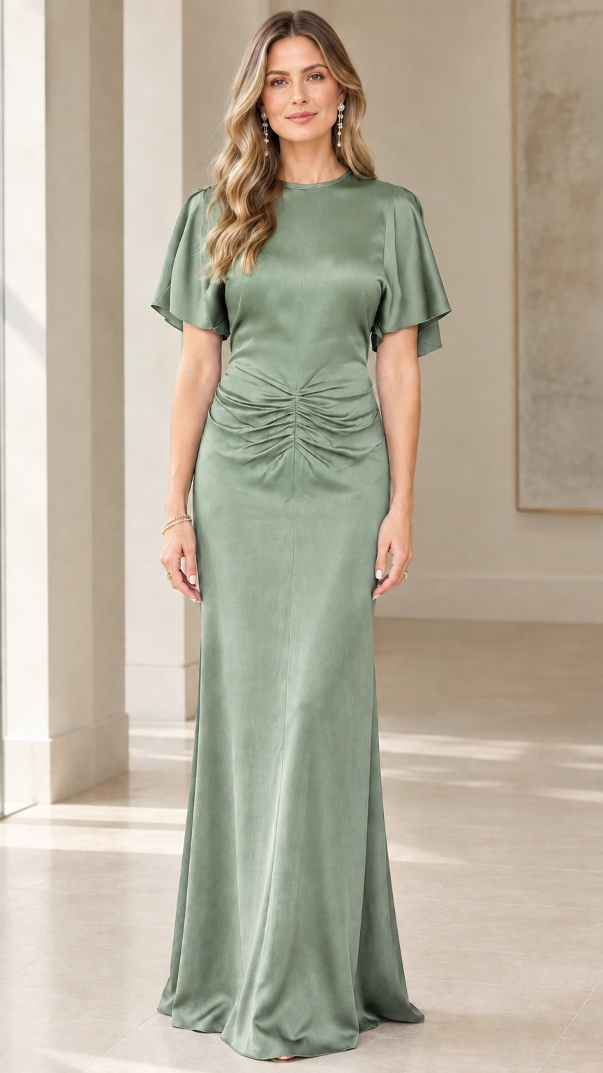 Model wearing Sage Green elegant flutter sleeve satin formal maxi dress
