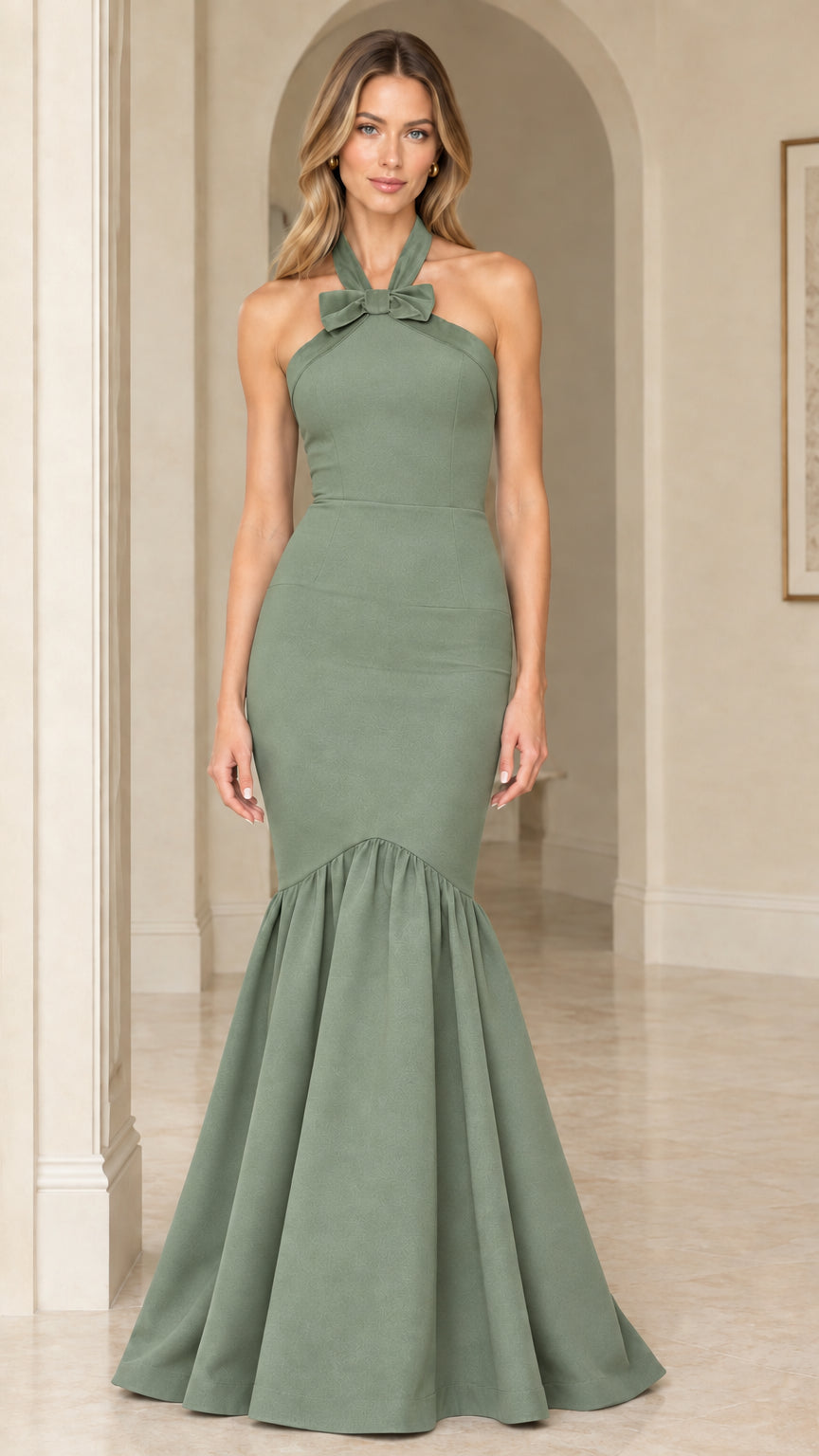 Sage green halter neck formal trumpet maxi gown