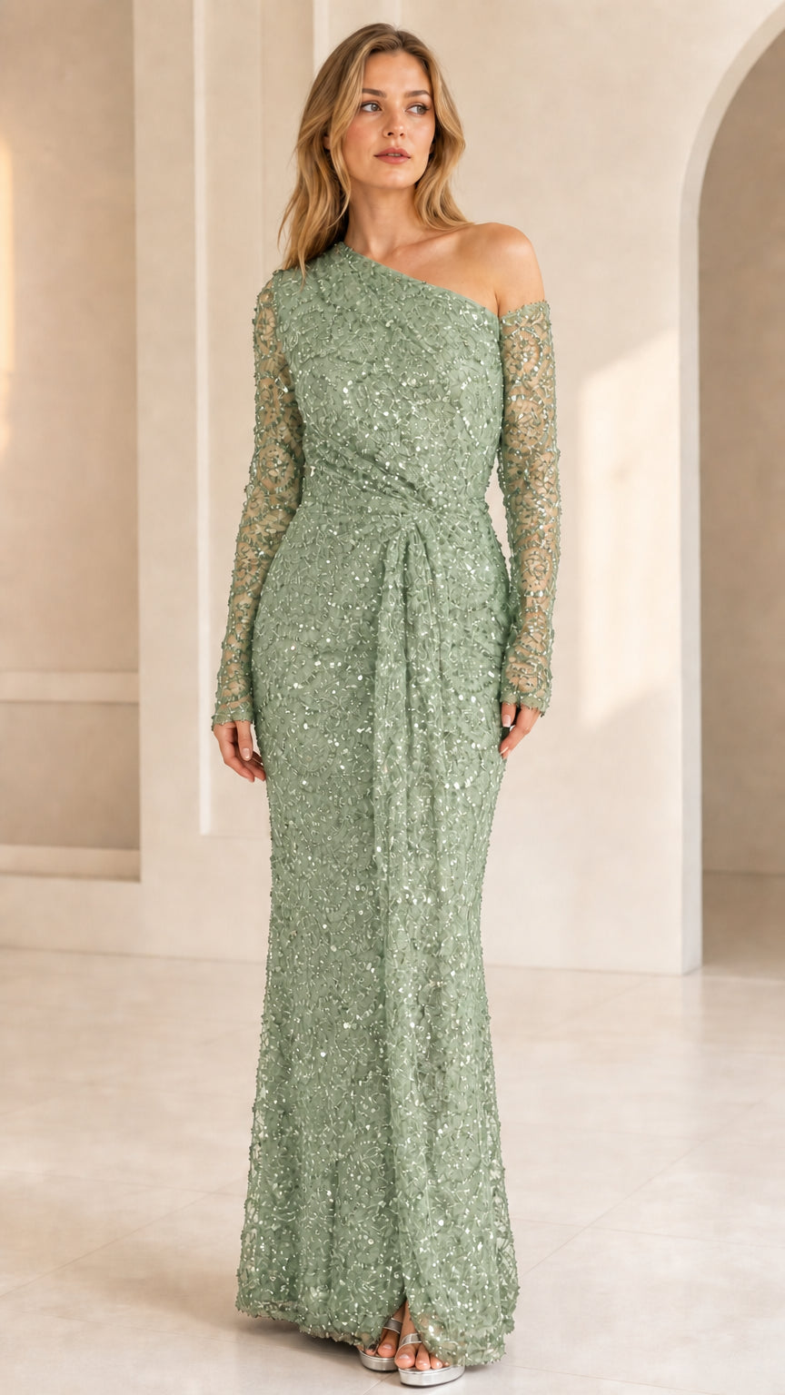 Sage green sequin lace one-shoulder evening gown