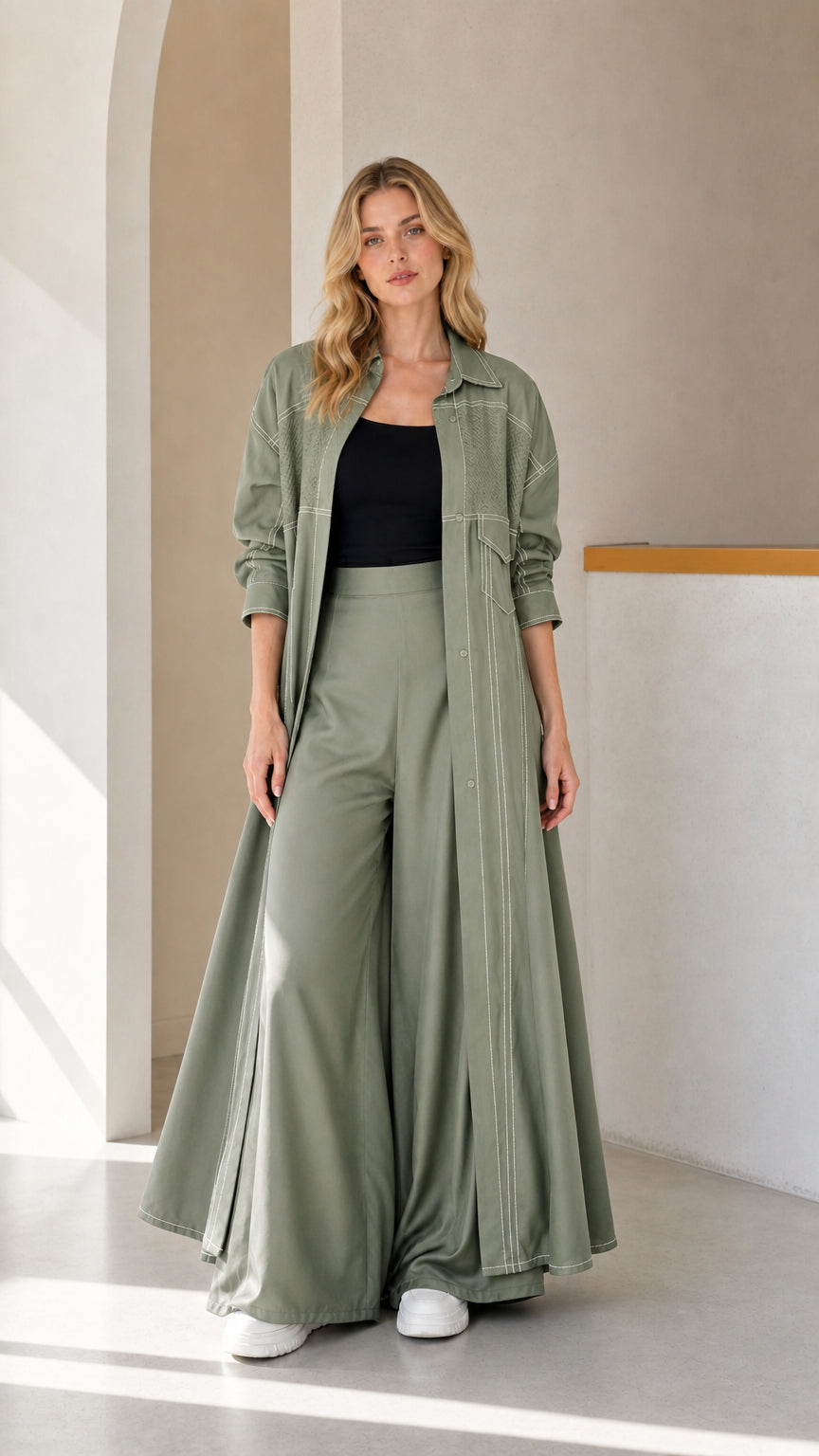 Full-length look of woman wearing Sage Green maxi duster coat and matching wide-leg pants