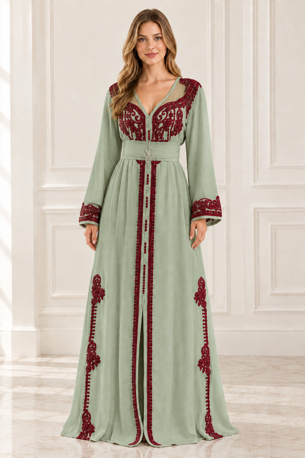 Full front view of sage green Moroccan kaftan maxi dress with burgundy embroidery