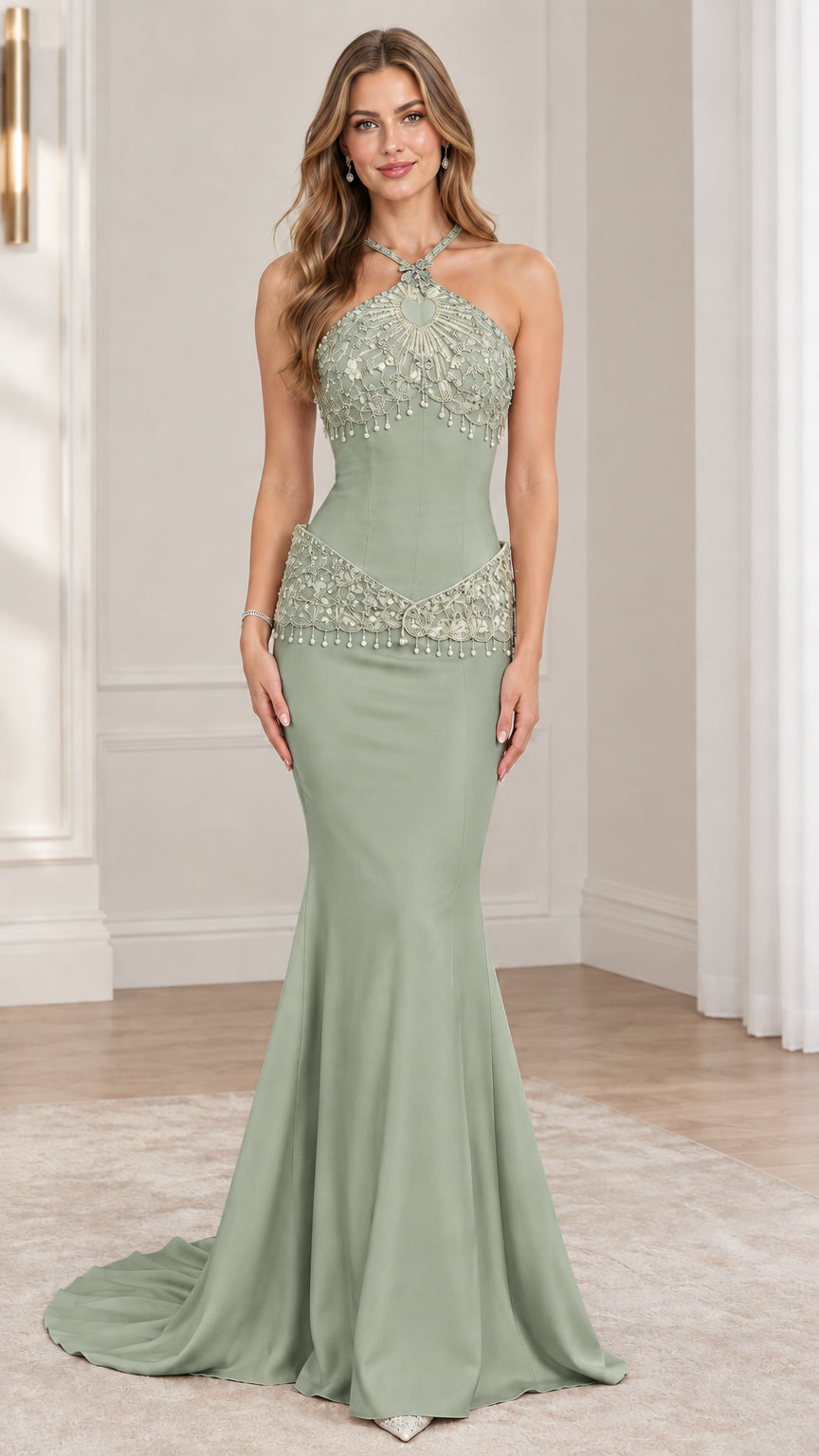 Front view of model wearing sage green halter beaded mermaid evening dress