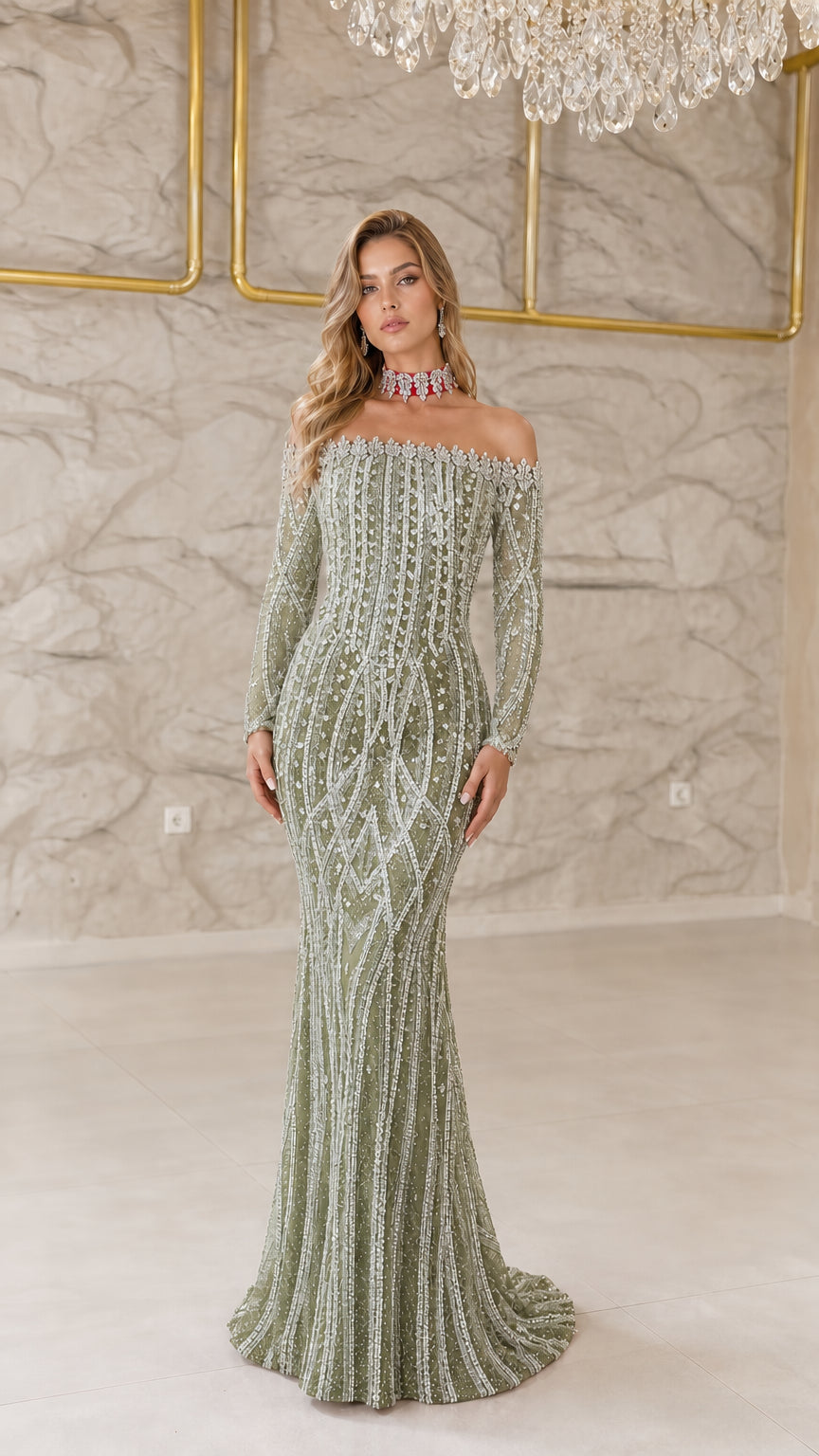 Front view of model wearing Sage Green beaded off-the-shoulder evening gown