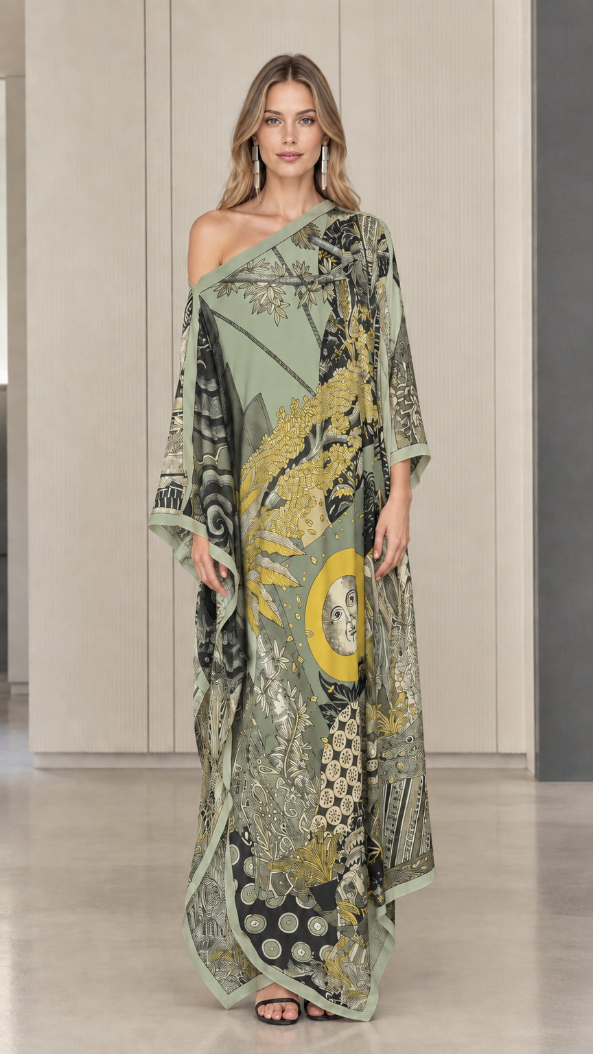 Sage green one-shoulder printed flowing kaftan maxi dress
