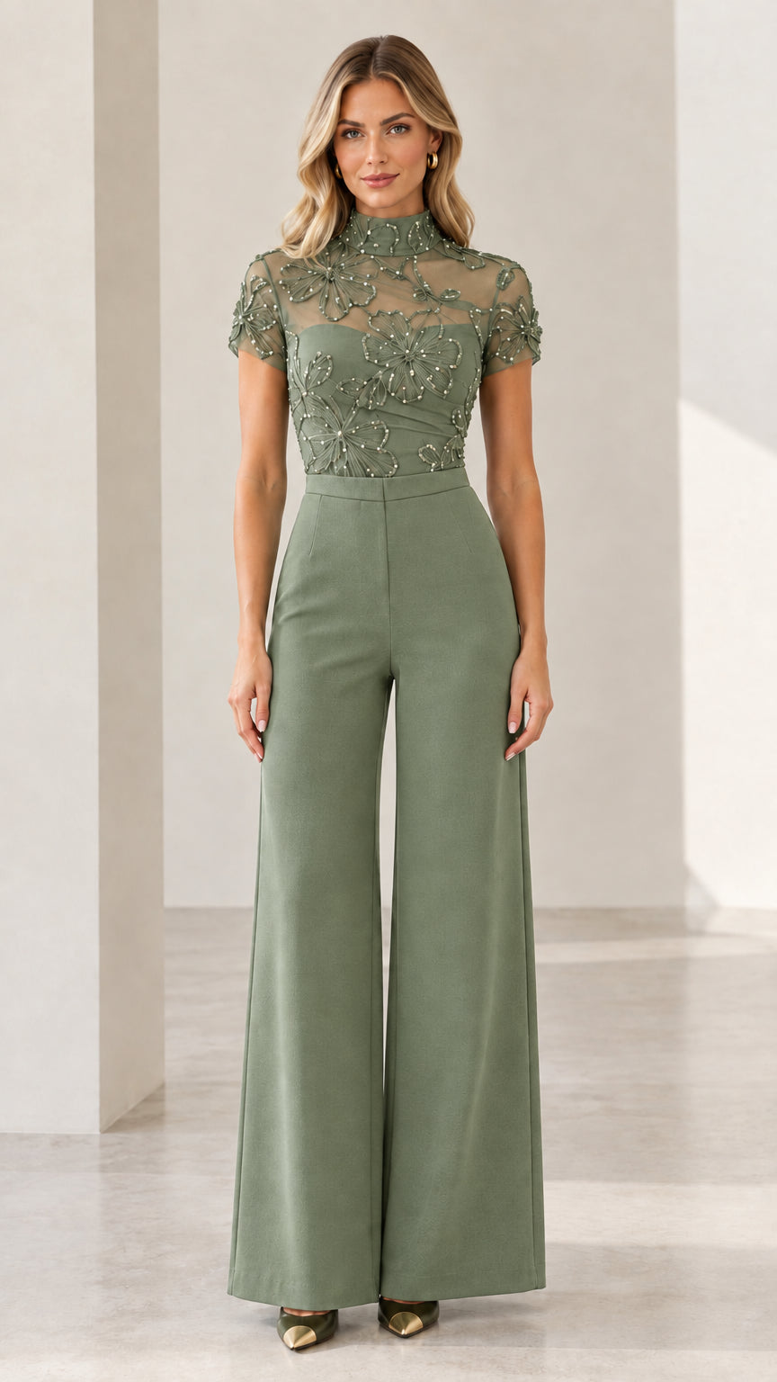 Sage green sequin mock neck wide-leg evening jumpsuit
