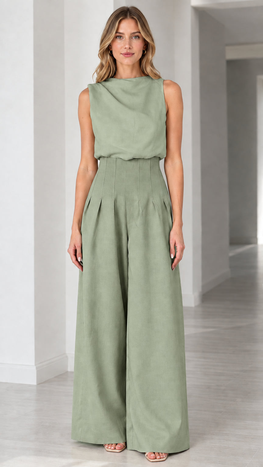 Full-length view of solid sage green sleeveless wide-leg pleated jumpsuit