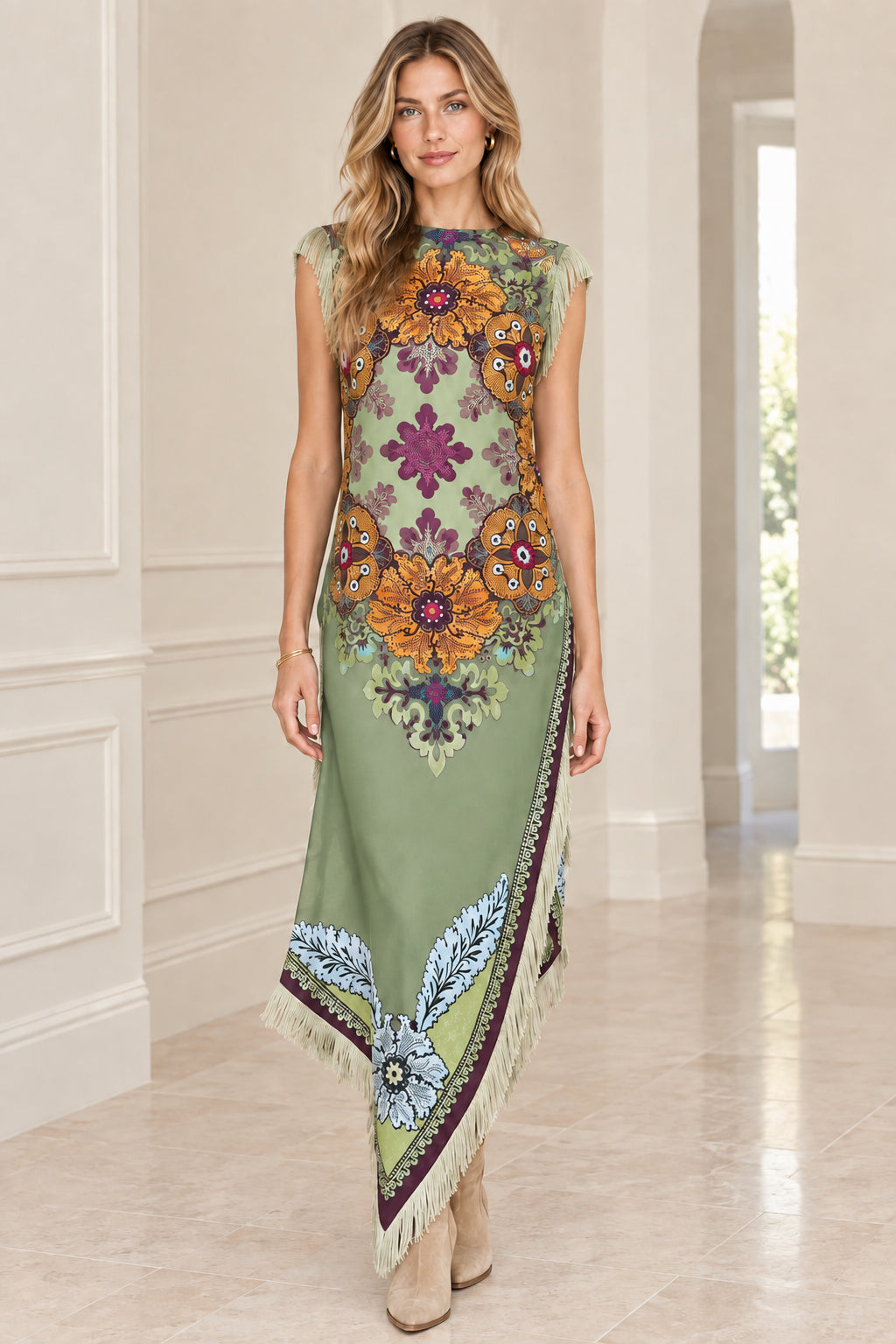 Front view of model wearing Sage Green printed fringe hem sleeveless maxi dress