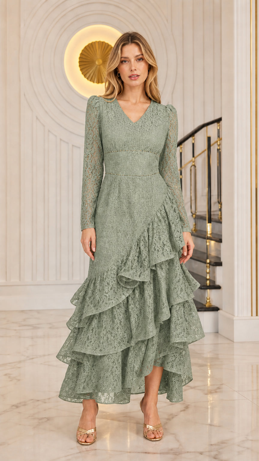 Model wearing the long sleeve tiered ruffle lace evening dress in sage green