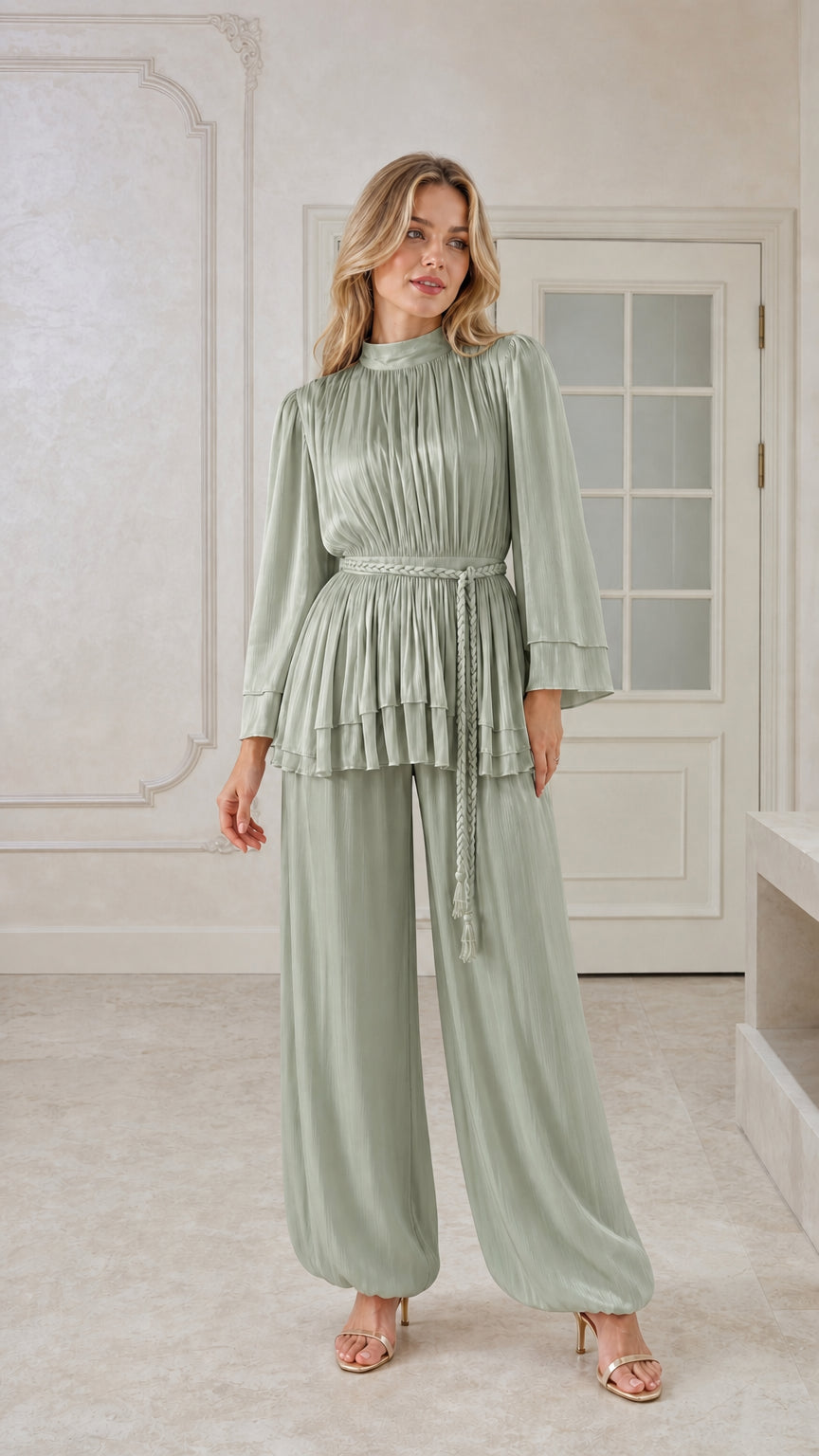 Sage green pleated matching tunic top and trouser set with braided belt