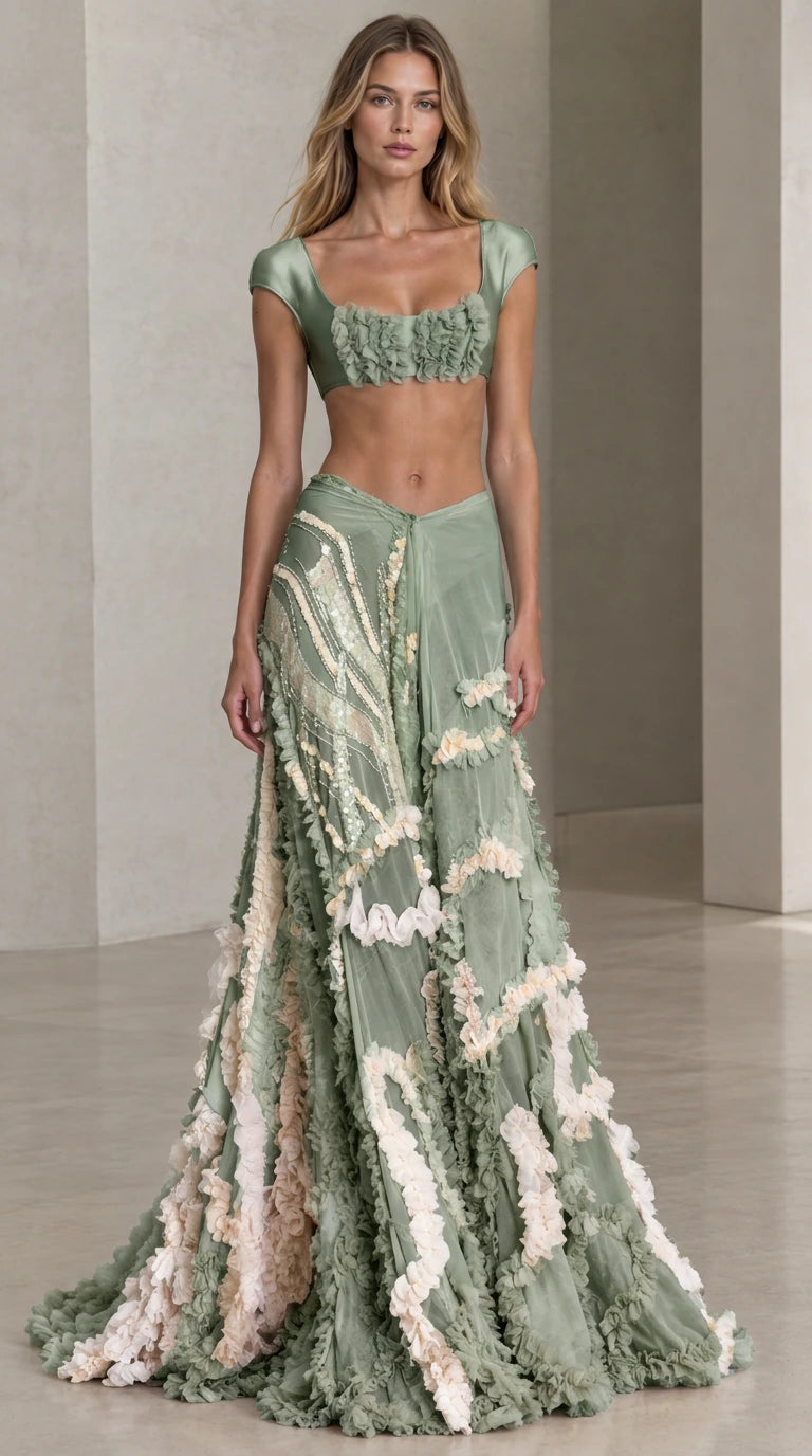 Front view of model wearing sage green two-piece satin crop top and ruffle maxi skirt