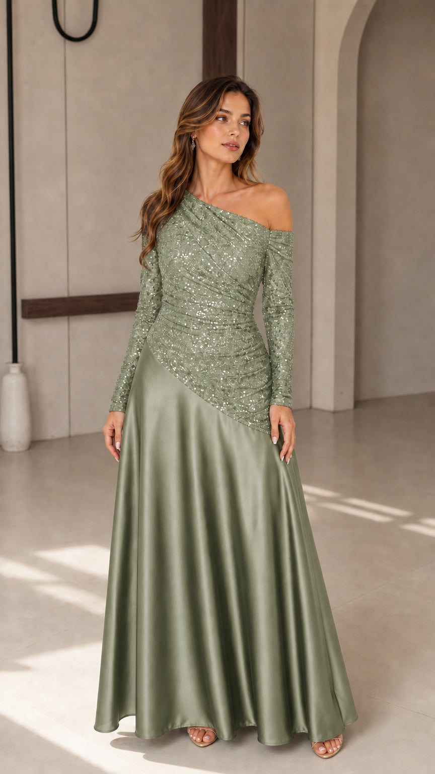 Model wearing sage green one-shoulder sequin satin floor-length gown