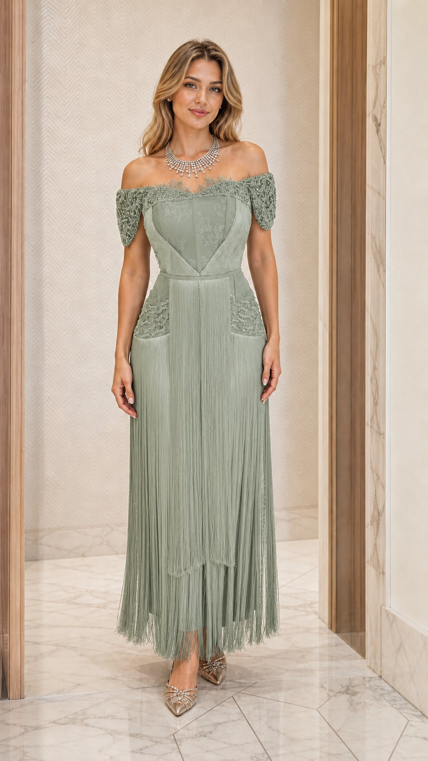 Front view of sage green off-the-shoulder fringe formal dress