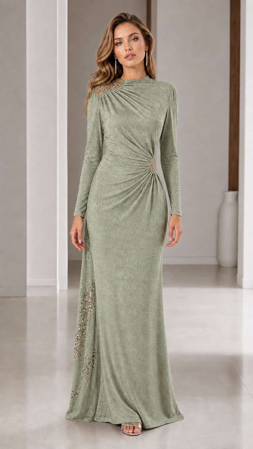 Sage green long sleeve shimmer floor-length evening dress
