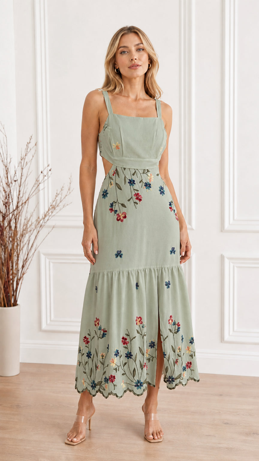 Front view of Sage Green Floral Embroidered Cutout Square Neck Maxi Dress