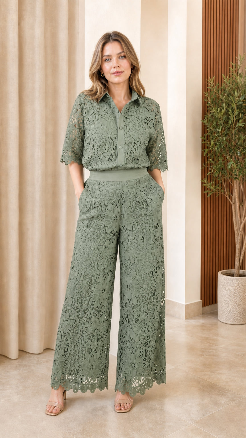 Front view of model wearing sage green lace matching set