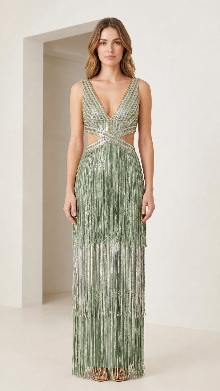 Front view of sage green tiered metallic fringe cutout evening dress