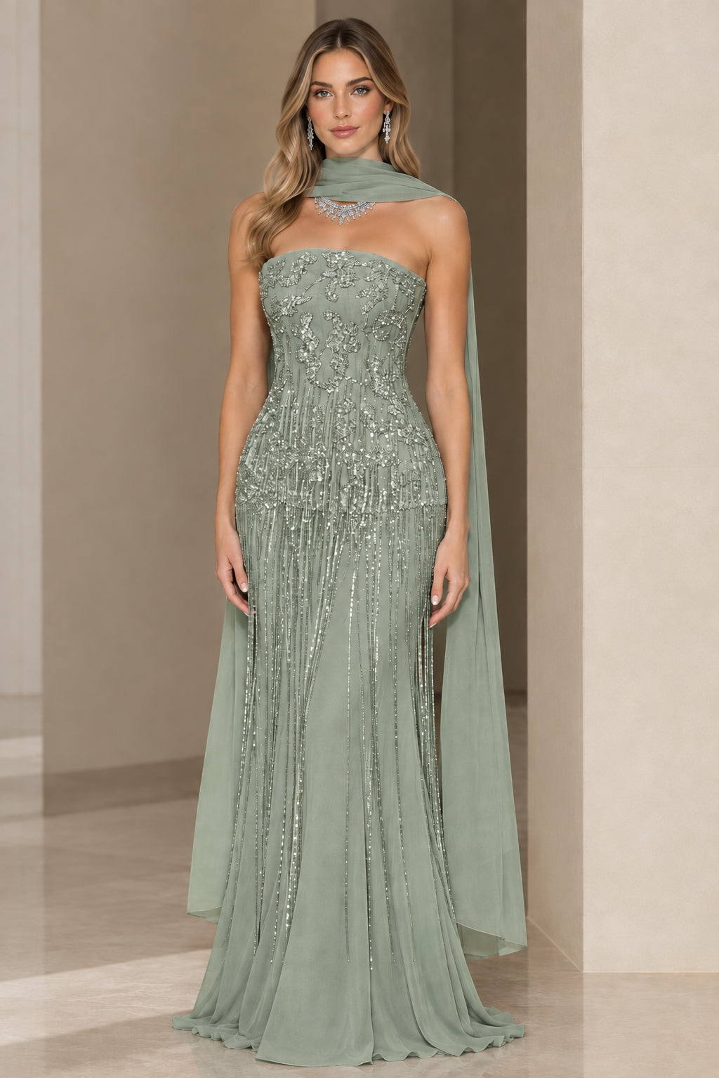 Sage Green strapless embellished formal gown with neck scarf wrap