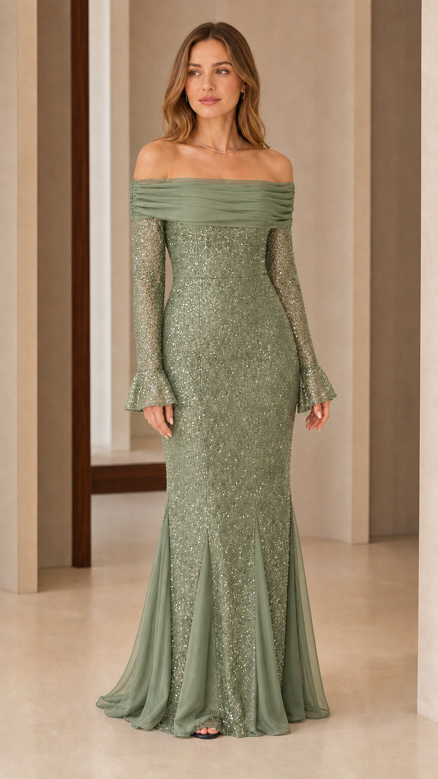 Front view of woman wearing sage green off-the-shoulder sequin maxi evening dress