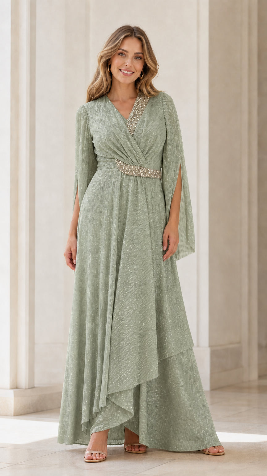 Front view of model wearing sage green rhinestone evening dress