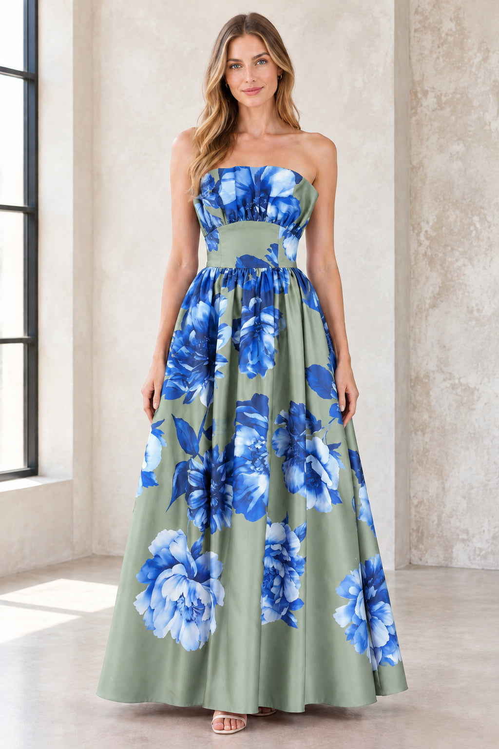 Full-length view of sage green strapless floral satin maxi gown