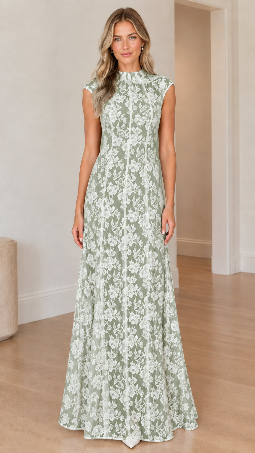 Model wearing sage green high neck floral lace sleeveless maxi dress