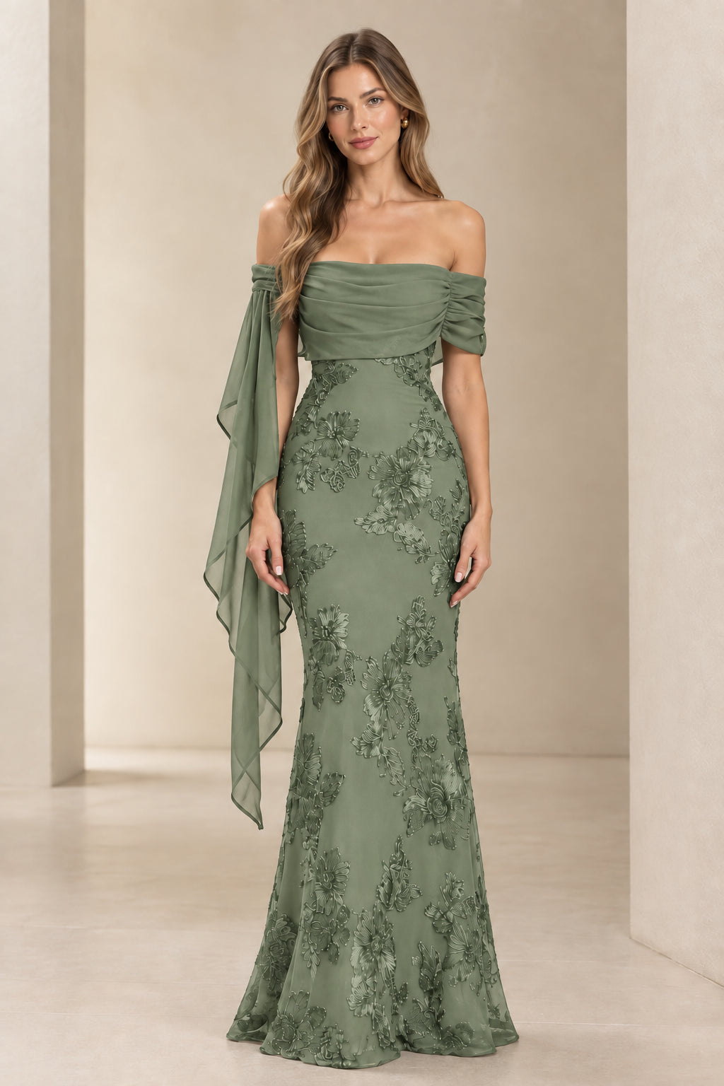 Model wearing sage green off-the-shoulder embroidered lace evening maxi gown