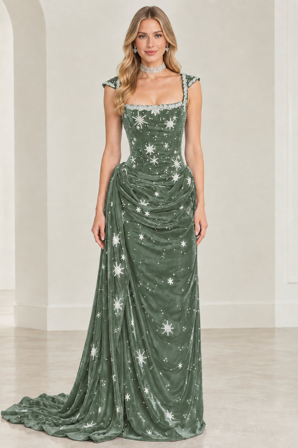 Sage green velvet evening dress with crystal starburst detailing