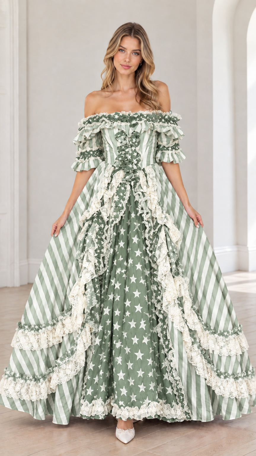 Full-length front view of sage green and white star and stripe ball gown