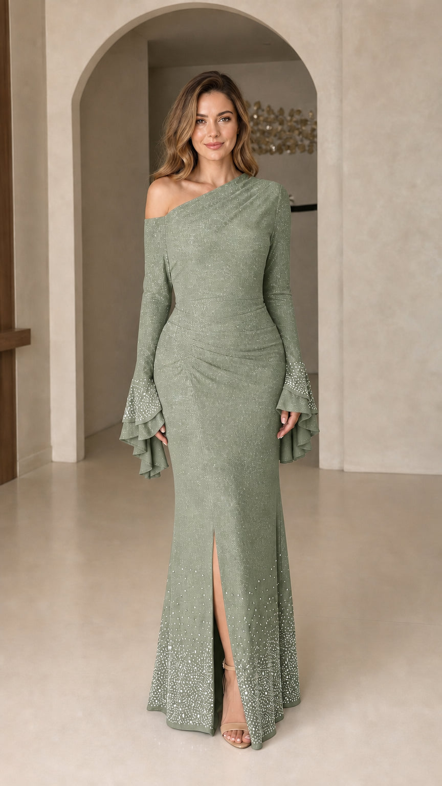Sage green one-shoulder crystal trimmed formal maxi dress