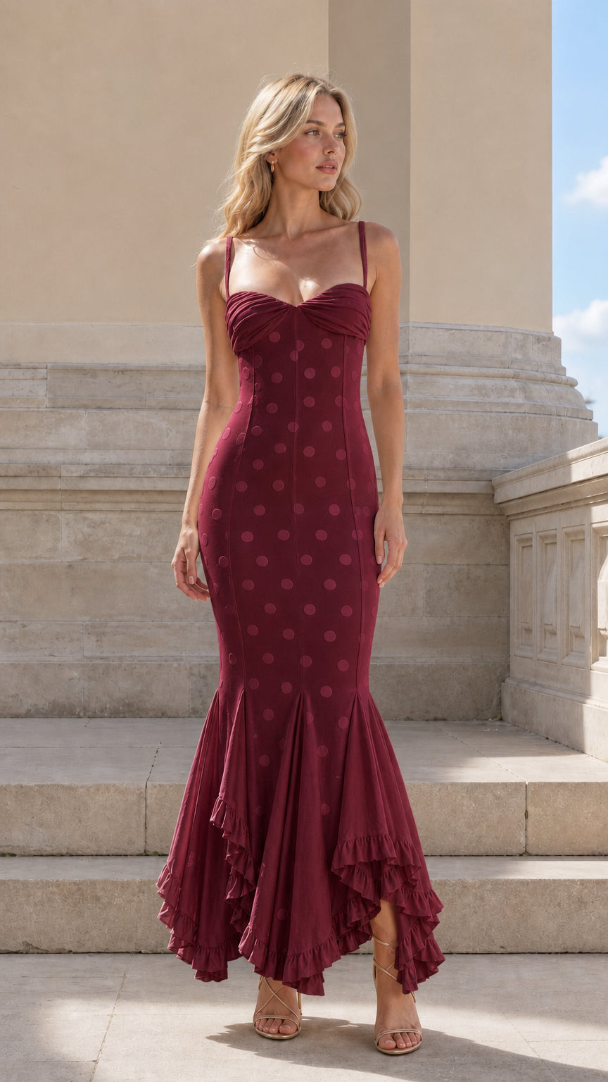 Burgundy sweetheart neck polka dot jacquard mermaid maxi dress