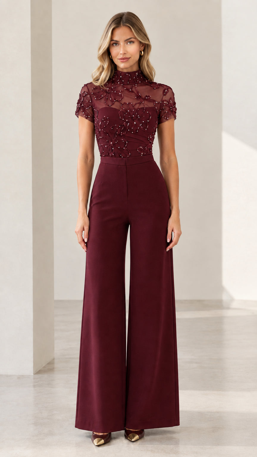 Burgundy wine red floral sequin wide-leg evening jumpsuit