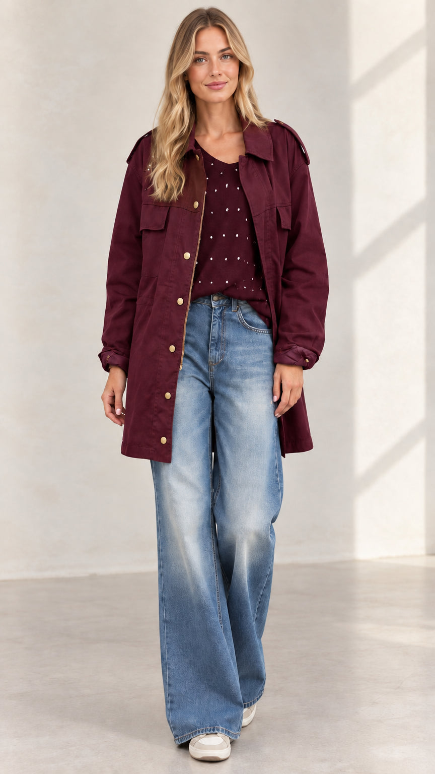 Full front view of women's burgundy red utility jacket