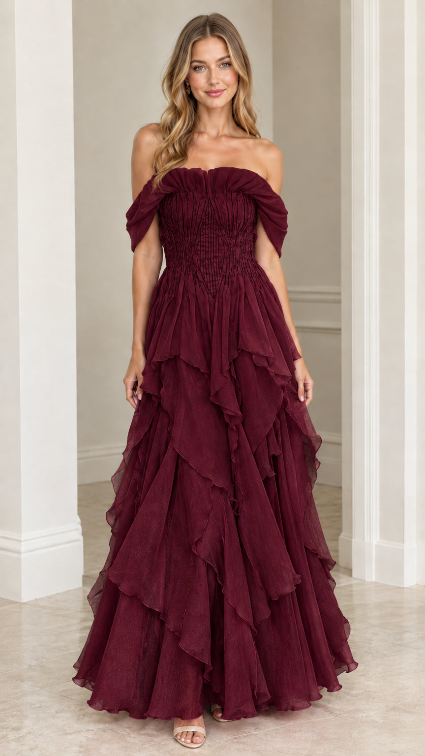 Front view of model wearing Burgundy off-the-shoulder tiered ruffle evening dress
