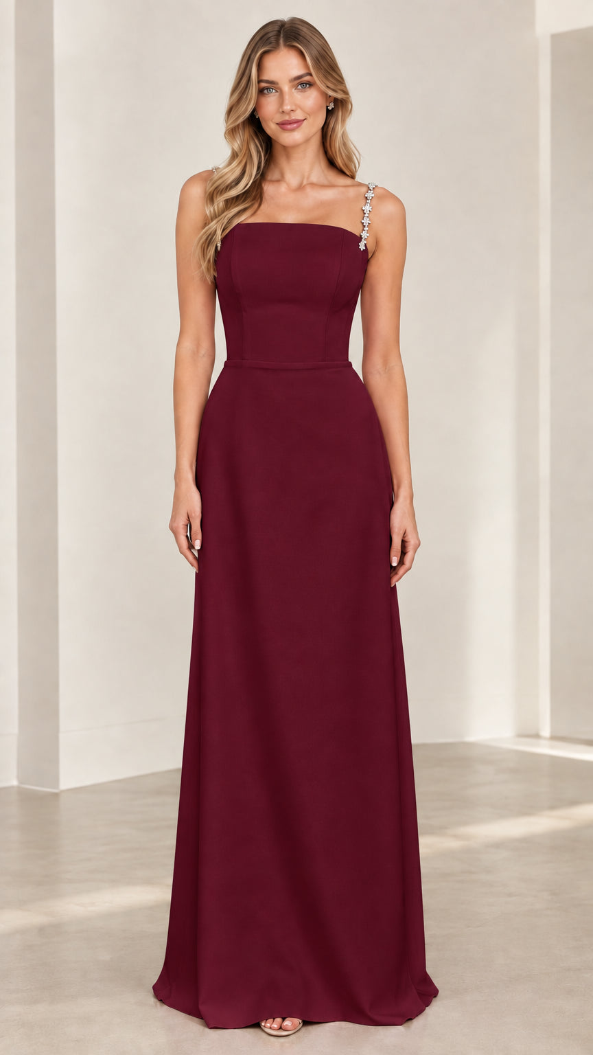Burgundy wine red formal evening gown with rhinestone straps